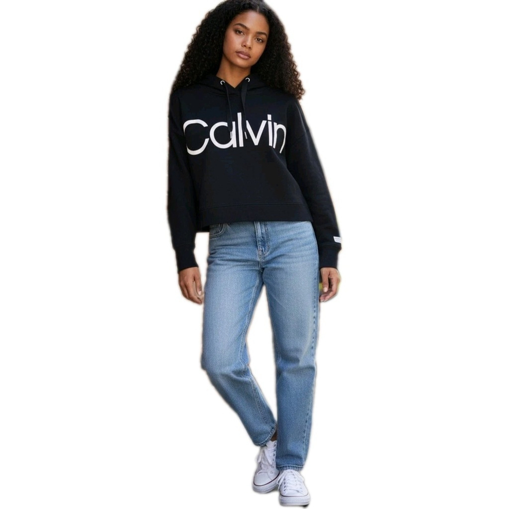 Calvin Klein Women’s Black Cropped Top Hooded Logo Sweatshirt Size Medium